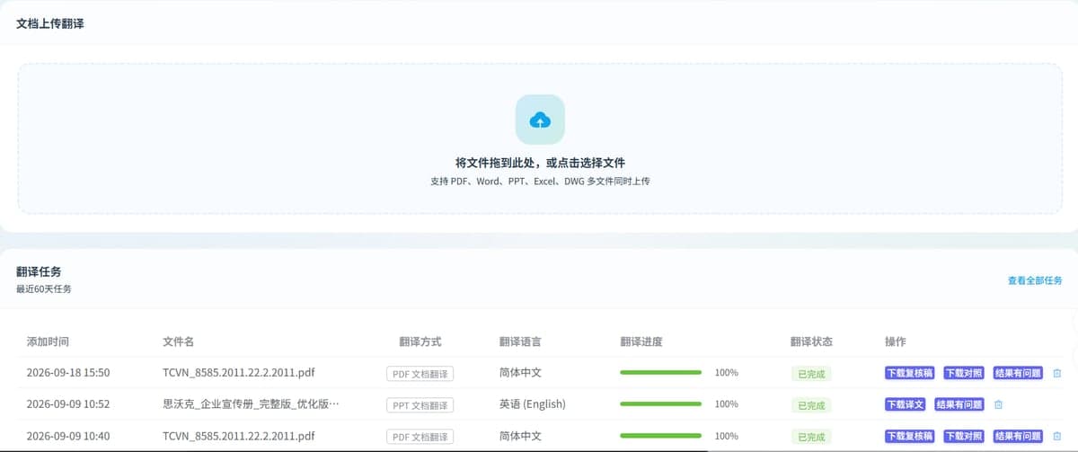 AI file translation workspace screenshot